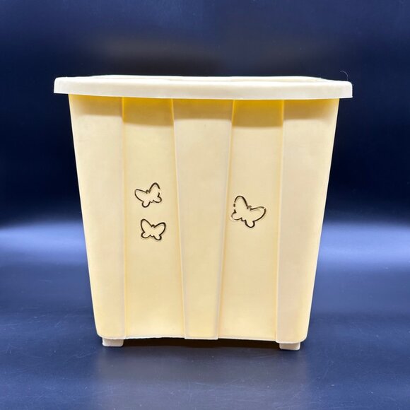 Vintage Trashcan Yellow Plastic Waste Basket Gold Butterfly 1970s Retro Decor - Picture 2 of 13